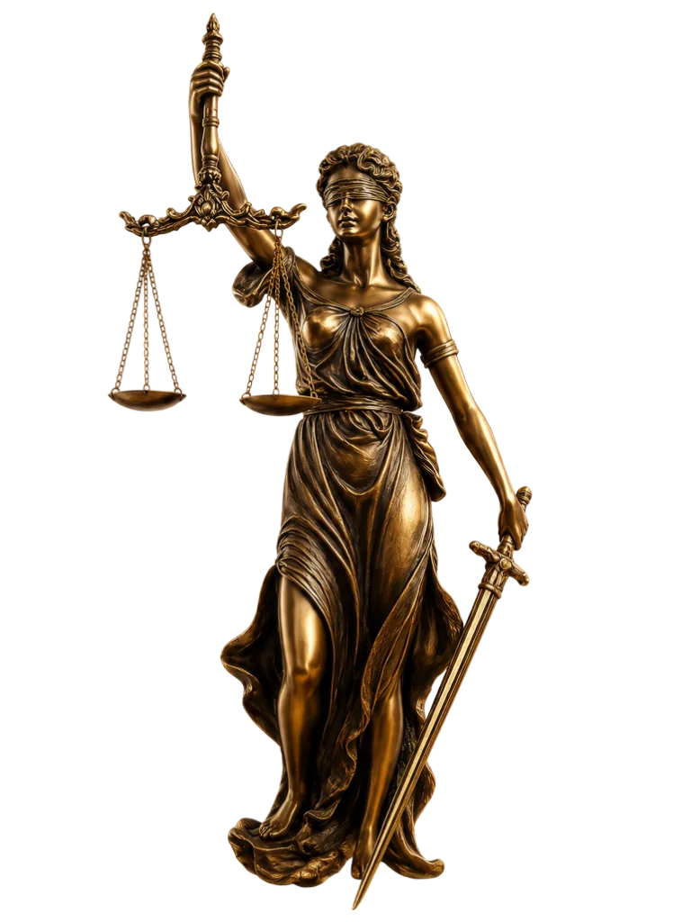 Estátua dourada da deusa da Justiça com balança e espada